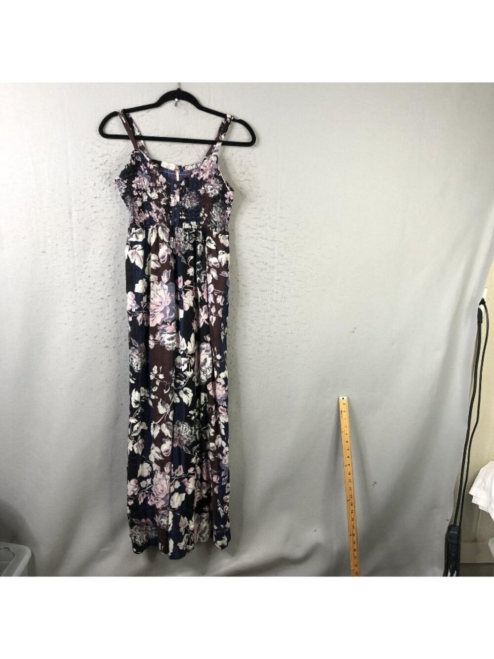 Free People Dress Womens S Black Floral Maxi Smocked Button Front Boho Sundress